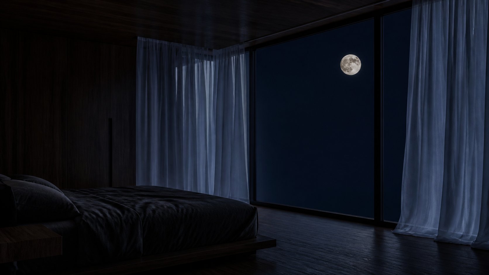 Een beschutte donkere kamer met uitzicht op de heldere nacht
